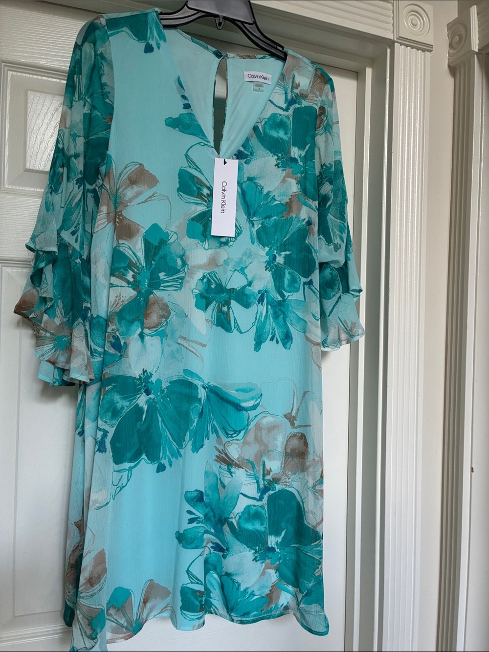 Calvin Klein Aqua and Teal Floral Midi Dress